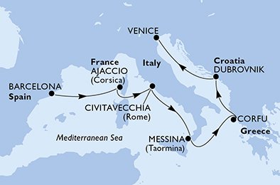 crociera msc UD7V itinerario della crociera in
spagna, francia, italia, grecia, croazia su MSC ORCHESTRA