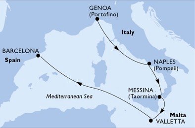 crociera msc UD92 itinerario della crociera in
italia, malta, spagna su MSC BELLISSIMA