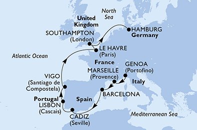 crociera msc UD98 itinerario della crociera in
italia, francia, spagna, portogallo, regno unito, germania su MSC ORCHESTRA