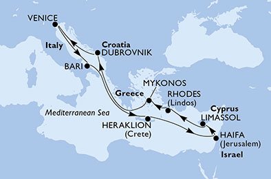 crociera msc UDB3 itinerario della crociera in
italia, grecia, israele, cipro, croazia su MSC LIRICA