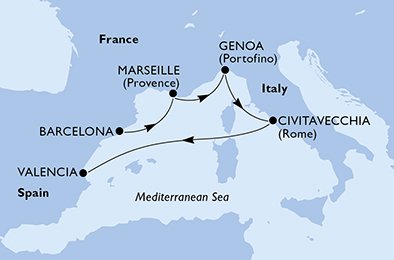 crociera msc UDBJ itinerario della crociera in
spagna, francia, italia su MSC DIVINA