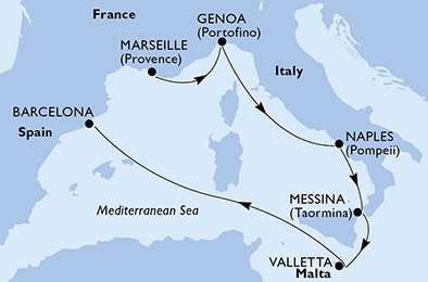 crociera msc UDBU itinerario della crociera in
francia, italia, malta, spagna su MSC SEAVIEW