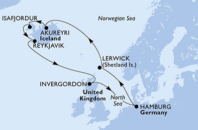 crociera msc UDBW itinerario della crociera in
germania, regno unito, islanda su MSC MERAVIGLIA