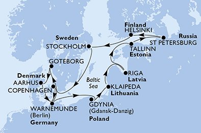 crociera msc UDC2 itinerario della crociera in
danimarca, germania, svezia, polonia, lituania, lettonia, estonia, russia, finlandia su MSC POESIA