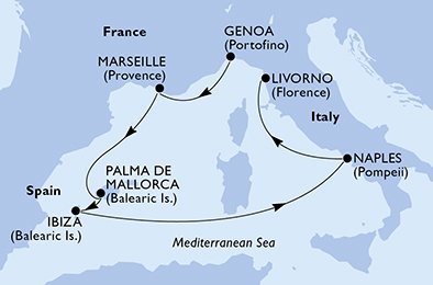 crociera msc UDDJ itinerario della crociera in
italia, francia, spagna su MSC FANTASIA