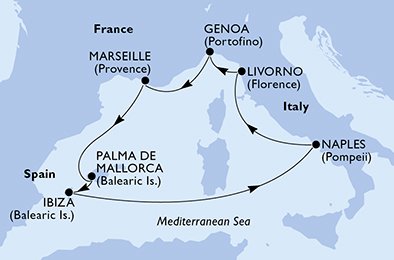 crociera msc UDDP itinerario della crociera in
spagna, italia, francia su MSC FANTASIA