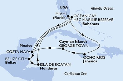 crociera msc UDHI itinerario della crociera in
usa, giamaica, isole cayman, messico, bahamas, belize, honduras su MSC MERAVIGLIA