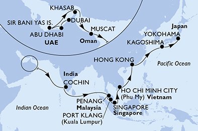 crociera msc UDIZ itinerario della crociera in
emirati arabi uniti, oman, india, malesia, singapore, vietnam, hong kong, giappone su MSC SPLENDIDA
