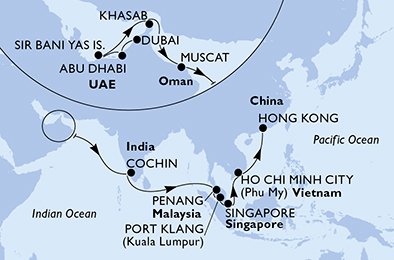 crociera msc UDJ8 itinerario della crociera in
emirati arabi uniti, oman, india, malesia, singapore, vietnam, hong kong su MSC SPLENDIDA
