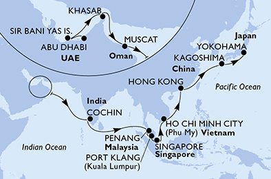 crociera msc UDJ9 itinerario della crociera in
emirati arabi uniti, oman, india, malesia, singapore, vietnam, hong kong, giappone su MSC SPLENDIDA