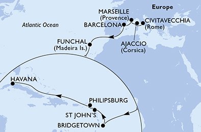 crociera msc UDJK itinerario della crociera in
italia, francia, spagna, portogallo, barbados, antigua-barbuda, st. maarten, cuba su MSC OPERA