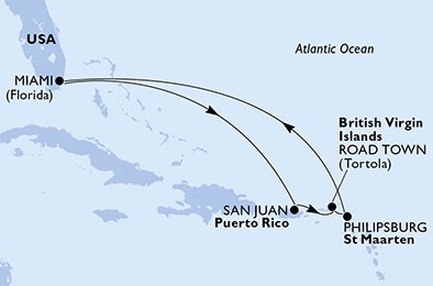 crociera msc UDKA itinerario della crociera in
usa, porto rico, isole vergini (britanniche), st. maarten su MSC DIVINA