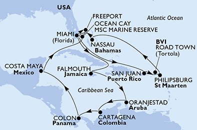 crociera msc UDKO itinerario della crociera in
usa, bahamas, porto rico, isole vergini (britanniche), st. maarten, giamaica, aruba, colombia, panama, messico su MSC DIVINA