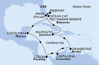 crociera msc UDKR itinerario della crociera in
usa, giamaica, aruba, colombia, panama, messico, bahamas su MSC DIVINA
