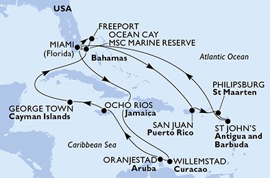 crociera msc UDKT itinerario della crociera in
usa, bahamas, porto rico, st. maarten, antigua-barbuda, aruba, giamaica, isole cayman su MSC DIVINA