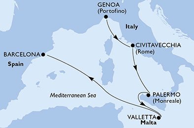 crociera msc UDTJ itinerario della crociera in
italia, malta, spagna su MSC GRANDIOSA