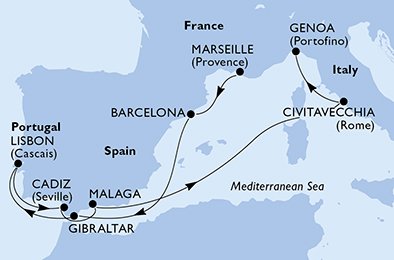 crociera msc UDVT itinerario della crociera in
francia, spagna, gibilterra, portogallo, italia su MSC MAGNIFICA