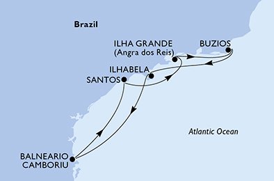 crociera msc UDW7 itinerario della crociera in
santos, ilha grande, buzios, ilhabela, camboriu, santos su MSC SEAVIEW
