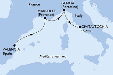 crociera msc UDXW itinerario della crociera in
spagna, francia, italia su MSC DIVINA
