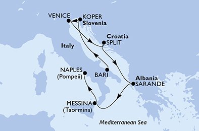 crociera msc UE05 itinerario della crociera in
italia, slovenia, croazia, albania su MSC LIRICA