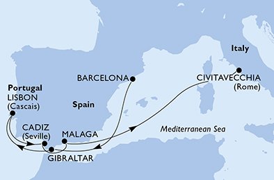 crociera msc UE23 itinerario della crociera in
spagna, gibilterra, portogallo, italia su MSC MAGNIFICA