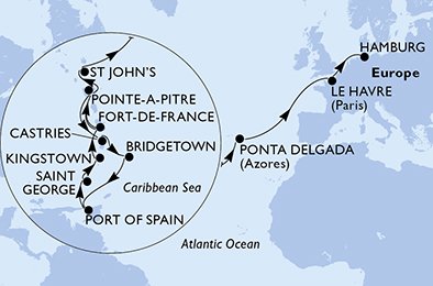 crociera msc UE49 itinerario della crociera in
martinica, guadalupe, saint lucia, barbados, trinidad e tobago, grenada, saint vincent & the grenadines, antigua-barbuda, portogallo, francia, germania su MSC PREZIOSA