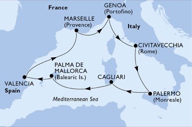 itinerario della crociera in 
							italia, spagna, francia su MSC FANTASIA