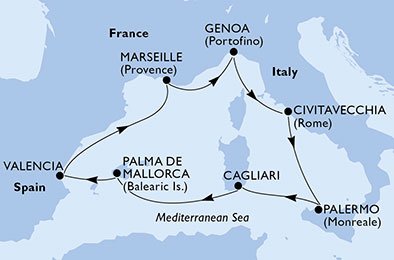 immagine dell´itinerario della crociera in italia, spagna, francia a bordo di 
											MSC FANTASIA con partenza da Civitavecchia il 02/08/20