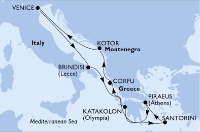 crociera msc UEG6 itinerario della crociera in
italia, grecia, montenegro su MSC MUSICA