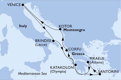 immagine dell´itinerario della crociera in italia, grecia, montenegro a bordo di 
											MSC MUSICA con partenza da Venezia il 11/10/20