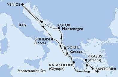 immagine dell´itinerario della crociera in italia, grecia, montenegro a bordo di 
											MSC MUSICA con partenza da Brindisi il 31/08/20