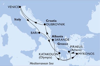 immagine dell´itinerario della crociera in italia, grecia, albania, croazia a bordo di 
											MSC ORCHESTRA con partenza da Venezia il 12/09/20