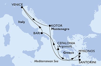 itinerario della crociera in 
							italia, montenegro, grecia su MSC OPERA