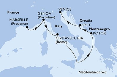 crociera msc UEKC itinerario della crociera in
francia, italia, montenegro, croazia su MSC OPERA