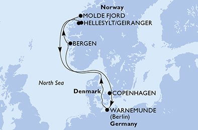 itinerario della crociera in 
							germania, norvegia, danimarca su MSC POESIA