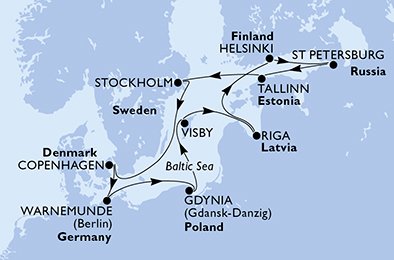 immagine dell´itinerario della crociera in Germania, Polonia, Svezia, Lettonia, Finlandia, Russia, Estonia, Danimarca a bordo di 
							MSC POESIA