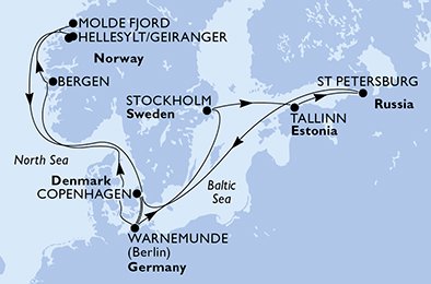 immagine dell´itinerario della crociera in germania, norvegia, danimarca, svezia, estonia, russia a bordo di 
											MSC POESIA con partenza da Warnemunde il 19/07/20