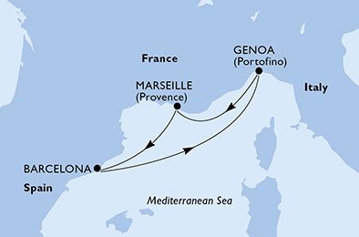 immagine itinerario della crociera in spagna, italia, francia a bordo di mediterraneo