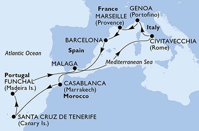 immagine itinerario della crociera in francia, spagna, marocco, portogallo, italia a bordo di msc poesia