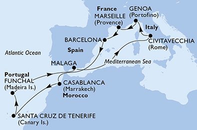 itinerario della crociera in 
							italia, francia, spagna, marocco, portogallo su MSC POESIA