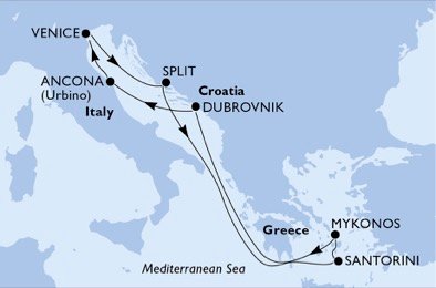 crociera msc UENY itinerario della crociera in
italia, croazia, grecia su MSC SINFONIA