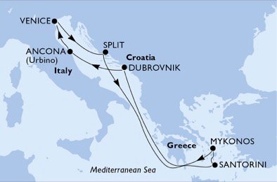 immagine itinerario della crociera in italia, croazia, grecia a bordo di Mediterraneo