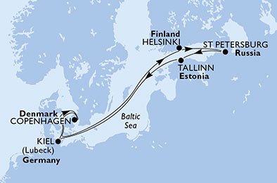 itinerario della crociera in 
							germania, danimarca, finlandia, russia, estonia su MSC MERAVIGLIA