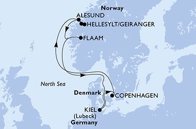 immagine dell´itinerario della crociera in germania, danimarca, norvegia a bordo di 
											MSC MERAVIGLIA con partenza da Kiel il 18/07/20