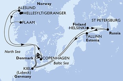 itinerario della crociera in 
							germania, danimarca, finlandia, russia, estonia, norvegia su MSC MERAVIGLIA