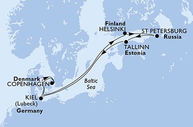 immagine itinerario della crociera in danimarca, finlandia, russia, estonia, germania a bordo di Nord Europa