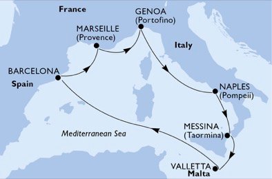 immagine dell´itinerario della crociera in Italia, Malta, Spagna, Francia a bordo di 
							MSC GRANDIOSA