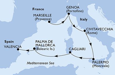 crociera msc UEXE itinerario della crociera in
spagna, francia, italia su MSC FANTASIA