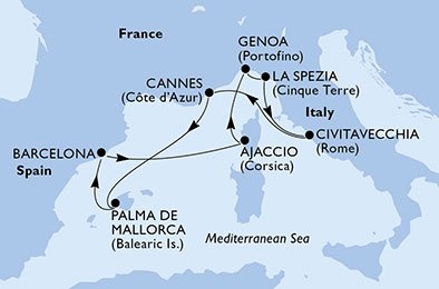 immagine dell´itinerario della crociera in spagna, francia, italia a bordo di 
											MSC SEAVIEW con partenza da Barcellona il 05/09/20