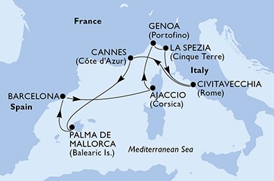 crociera msc UEYG itinerario della crociera in
italia, francia, spagna su MSC SEAVIEW